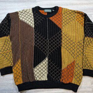 Vintage Tundra Sweater Men's XL Brown Gold Orange Abstract Grid Knit Acrylic